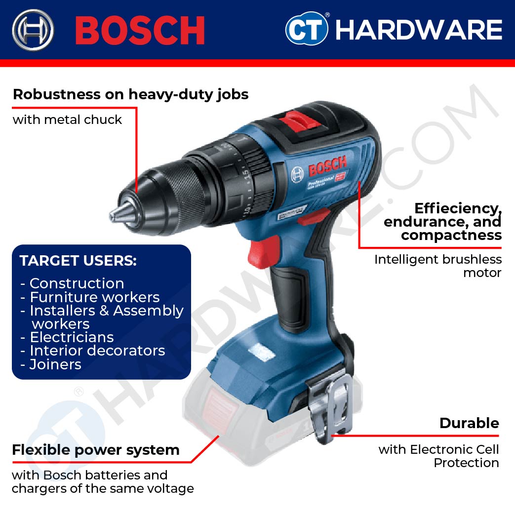 BOSCH GSB 18V-50 BRUSHLESS CORDLESS IMPACT  DRILL 18V | 2.0AH | 420-1600RPM | 30/17NM [ 06019H51L0 | GSB18V50 ]