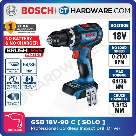 BOSCH GSB 18V-90 C CORDLESS BRUSHLESS IMPACT DRILL DRIVER 18V | 1.5-13 MM | 630-2100 RPM | 64/36 NM [ GSB18V90C ]