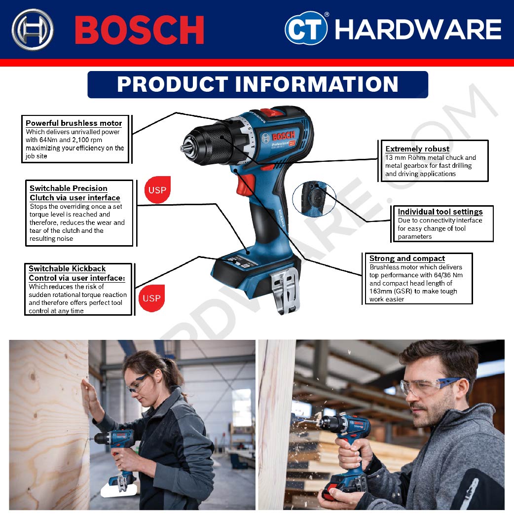 BOSCH GSB 18V-90 C CORDLESS BRUSHLESS IMPACT DRILL DRIVER 18V | 1.5-13 MM | 630-2100 RPM | 64/36 NM [ GSB18V90C ]