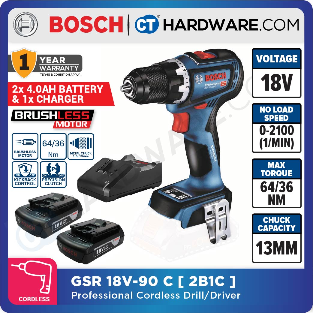 BOSCH GSR 18V-90 C PROFESSIONAL CORDLESS BRUSHLESS DRILL DRIVER 18V | 36/64Nm | 1.5-13MM | 630-2100 RPM [ GSR18V90C ]