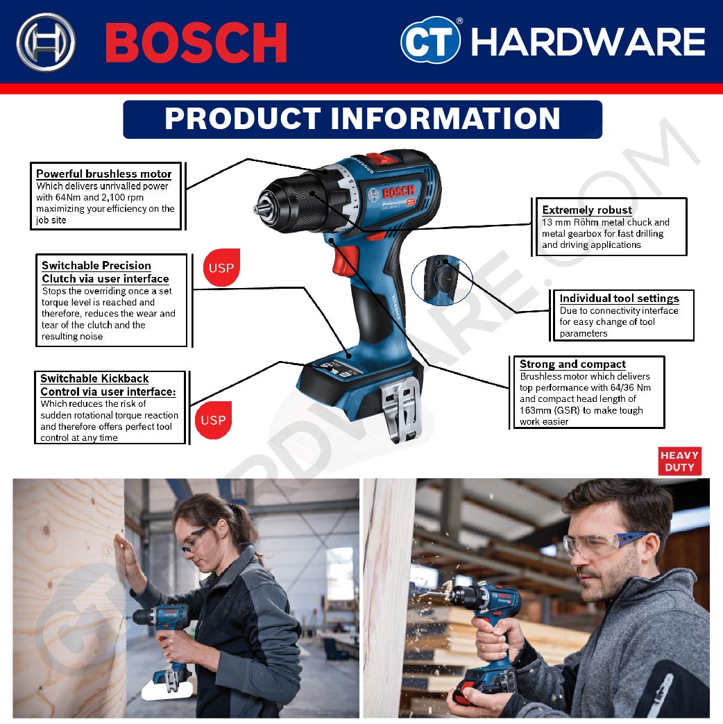 BOSCH GSR 18V-90 C PROFESSIONAL CORDLESS BRUSHLESS DRILL DRIVER 18V | 36/64Nm | 1.5-13MM | 630-2100 RPM [ GSR18V90C ]