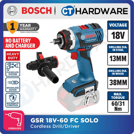 Bosch GSR 18V-60 FC SOLO Professional Cordless Brushless Drill/Driver 18V FlexiClick 5-in-1 System [06019G71L0 | GSR18V60FCSOLO]