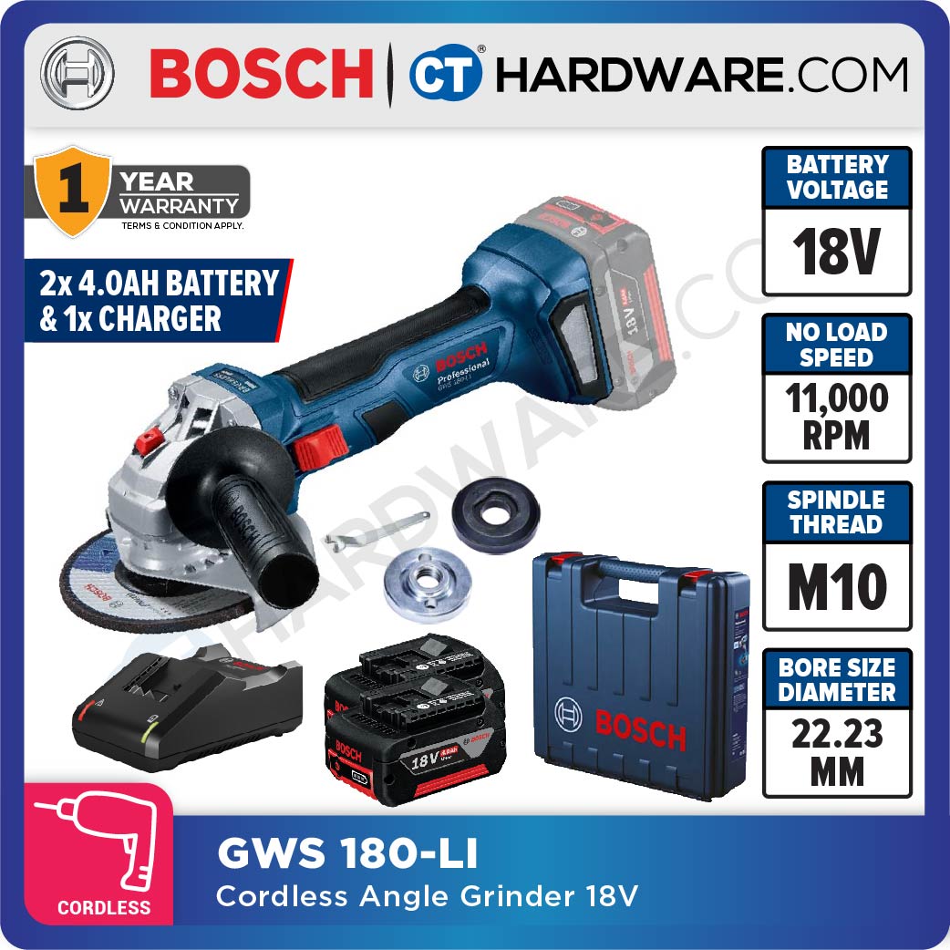 BOSCH GWS180LI4AH CORDLESS BRUSHLESS GRINDER 18V C/W 2PC X 4.0AH BATT 1 CHARGER 18V-40 ( 06019H90L1 )