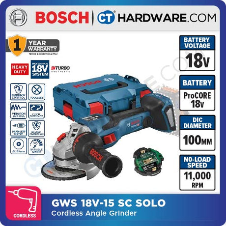 Bosch GWS 18V-15 SC 100mm SOLO Professional Cordless Brushless Angle Grinder BITURBO 18V [06019H61B2 | GWS18V15SC100SOLO]