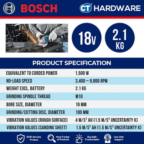 BOSCH GWS 18V-15 SC 100MM CORDLESS BRUSHLESS ANGLE GRINDER 4" 18V  WITHOUT BATTERY & CHARGER 06019H61B2   ( SOLO ) BITURBO