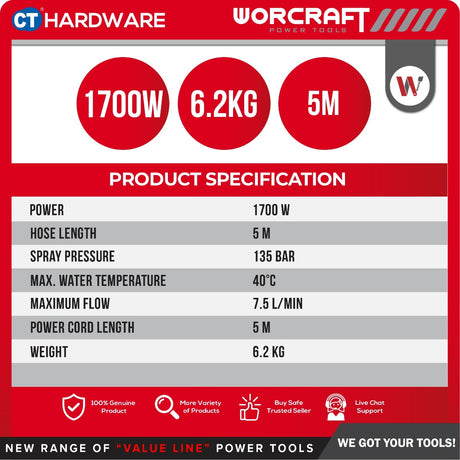WORCRAFT HC17-090 HIGH PRESSURE CLEANER 1700W | 90BAR | 5.5L/MIN [ HC17090 ]