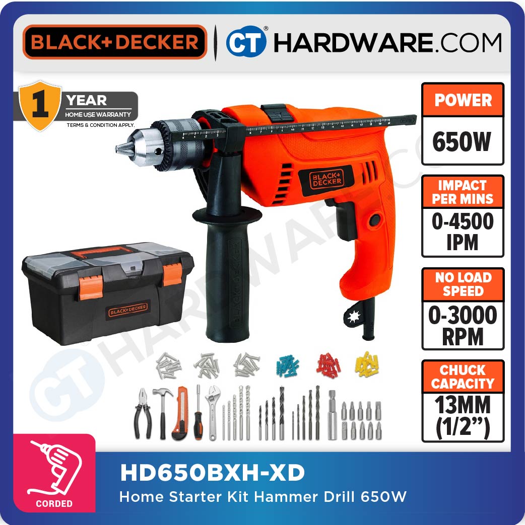 Black+Decker HD650BXH-B1 Percussion Hammer Drill 550W C/W Accessories And Tool Box