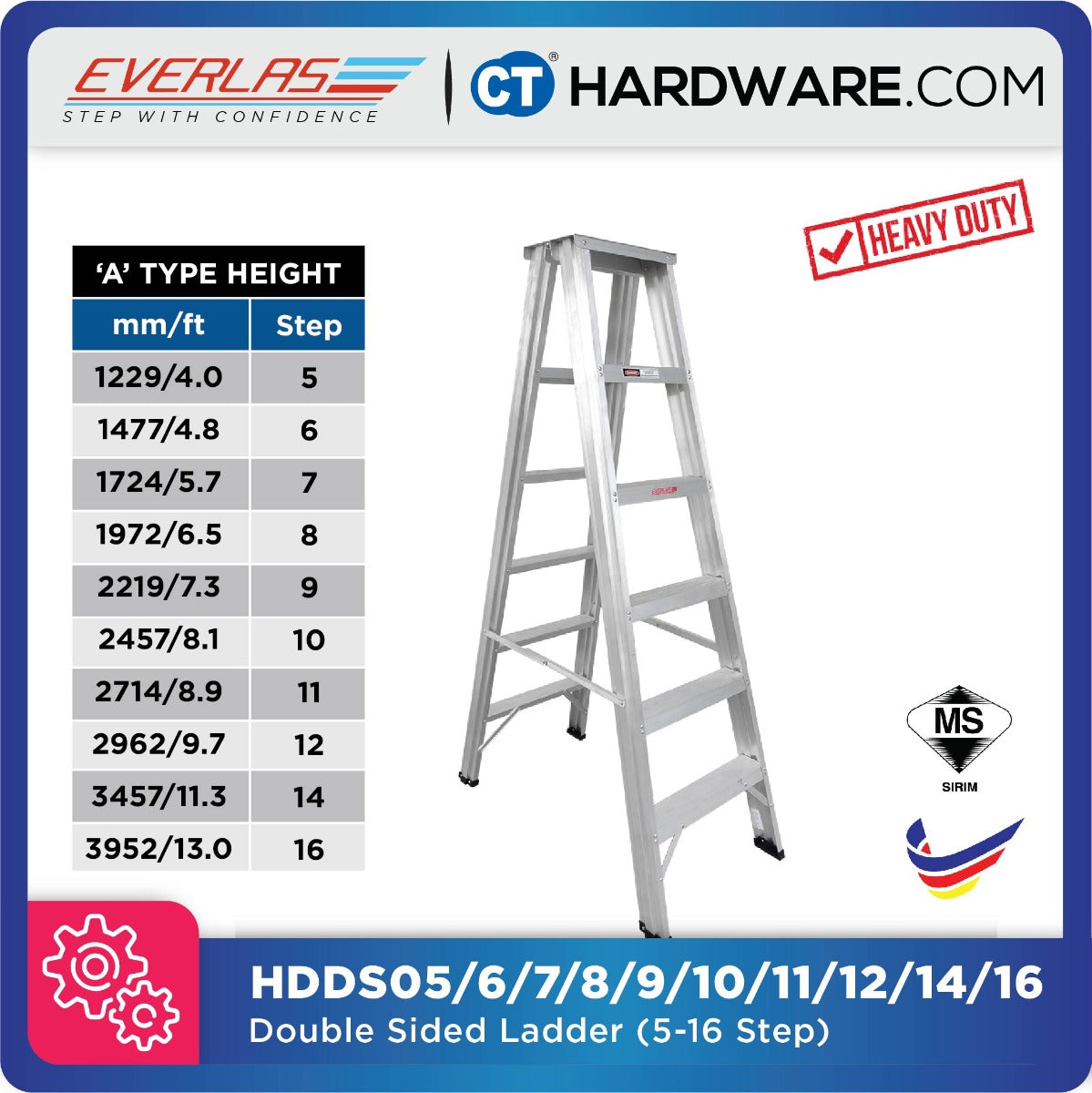 EVERLAS HDDS HEAVY DUTY DOUBLE SIDED LADDER FOR GENERAL HOUSEHOLD STEPS: 4 - 16 HEIGHT: 1229MM - 3952MM