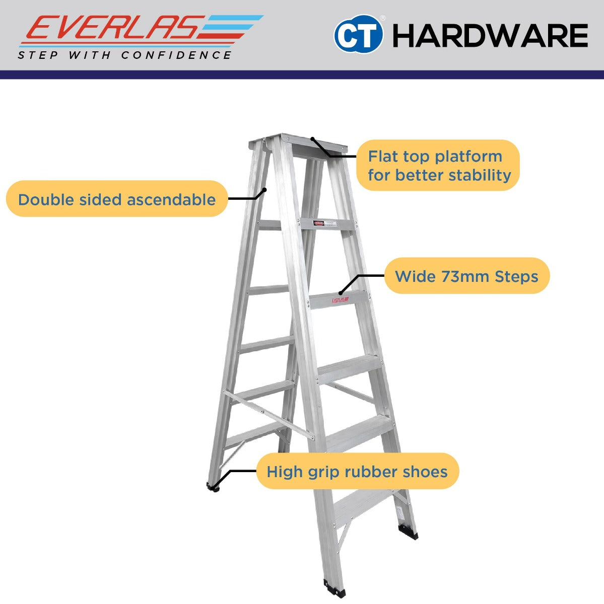 EVERLAS HDDS HEAVY DUTY DOUBLE SIDED LADDER FOR GENERAL HOUSEHOLD STEPS: 4 - 16 HEIGHT: 1229MM - 3952MM
