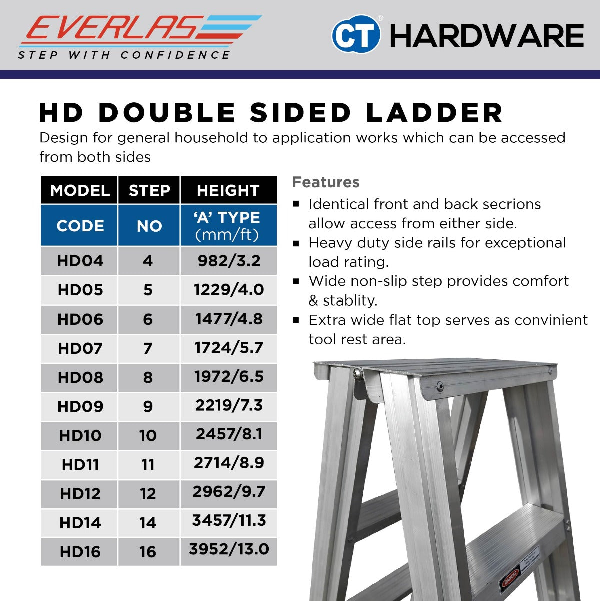 EVERLAS HDDS HEAVY DUTY DOUBLE SIDED LADDER FOR GENERAL HOUSEHOLD STEPS: 4 - 16 HEIGHT: 1229MM - 3952MM