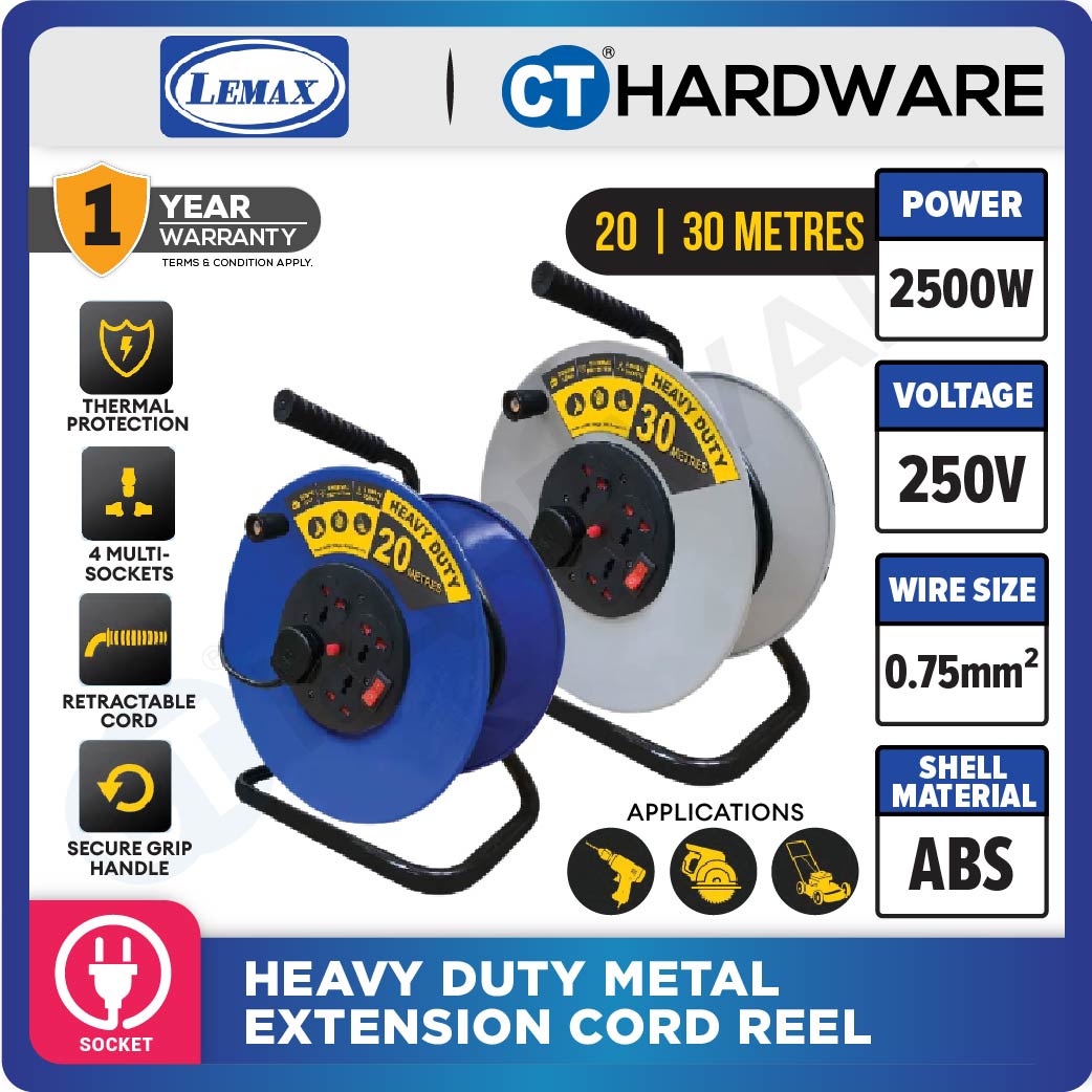 LMX ER920W | ER930W HEAVY DUTY METAL EXTENSION CORD REEL 20 METER | 0.75MM2x3 CORE WIRE | 4 SOCKET | THERMAL CUT OFF