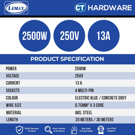 LMX ER920W | ER930W HEAVY DUTY METAL EXTENSION CORD REEL 20 METER | 0.75MM2x3 CORE WIRE | 4 SOCKET | THERMAL CUT OFF