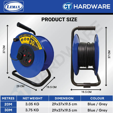 LMX ER920W | ER930W HEAVY DUTY METAL EXTENSION CORD REEL 20 METER | 0.75MM2x3 CORE WIRE | 4 SOCKET | THERMAL CUT OFF