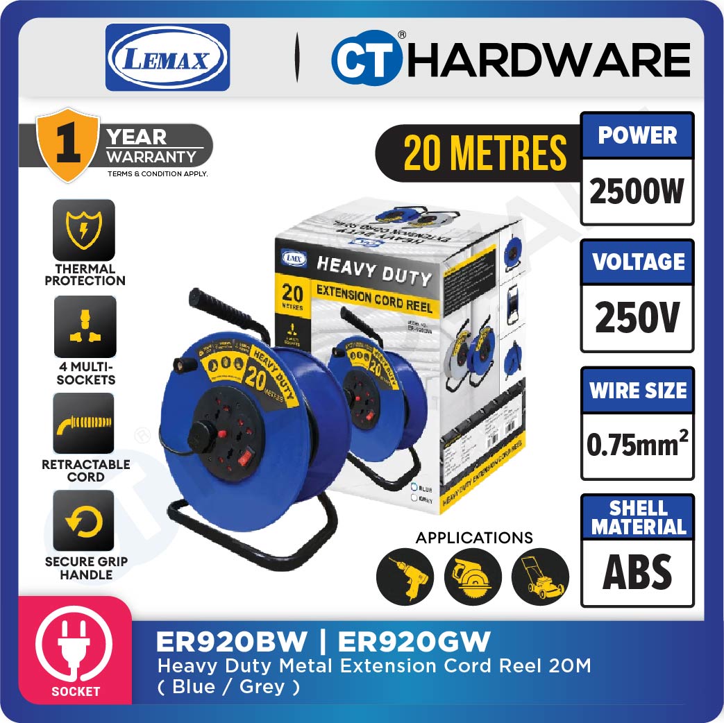 LMX ER920W | ER930W HEAVY DUTY METAL EXTENSION CORD REEL 20 METER | 0.75MM2x3 CORE WIRE | 4 SOCKET | THERMAL CUT OFF