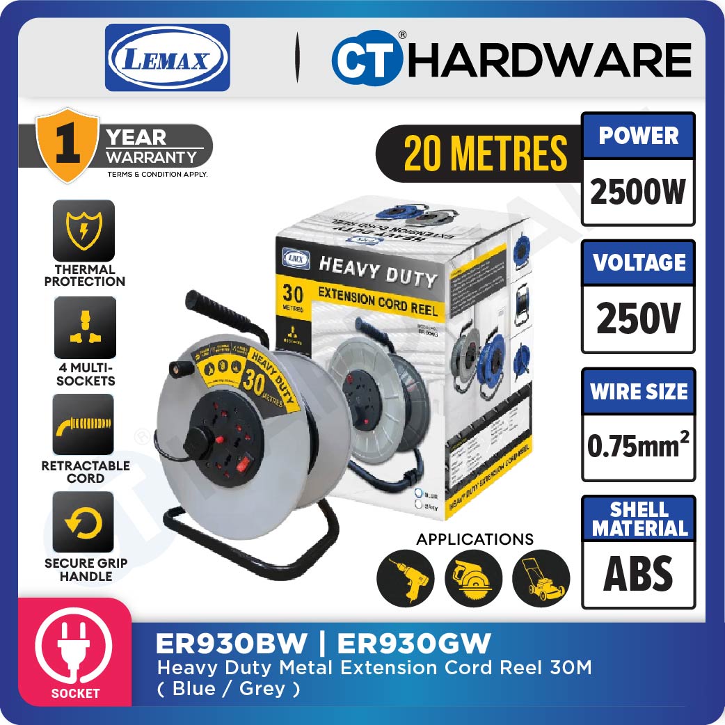 LMX ER920W | ER930W HEAVY DUTY METAL EXTENSION CORD REEL 20 METER | 0.75MM2x3 CORE WIRE | 4 SOCKET | THERMAL CUT OFF