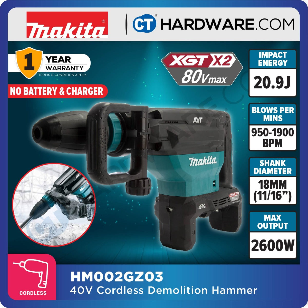 MAKITA HM002GZ03 CORDLESS DEMOLITION HAMMER 40V X 2 11/16" 950-1900IPM 20.9J W/O BATTERY & CHARGER (SOLO)