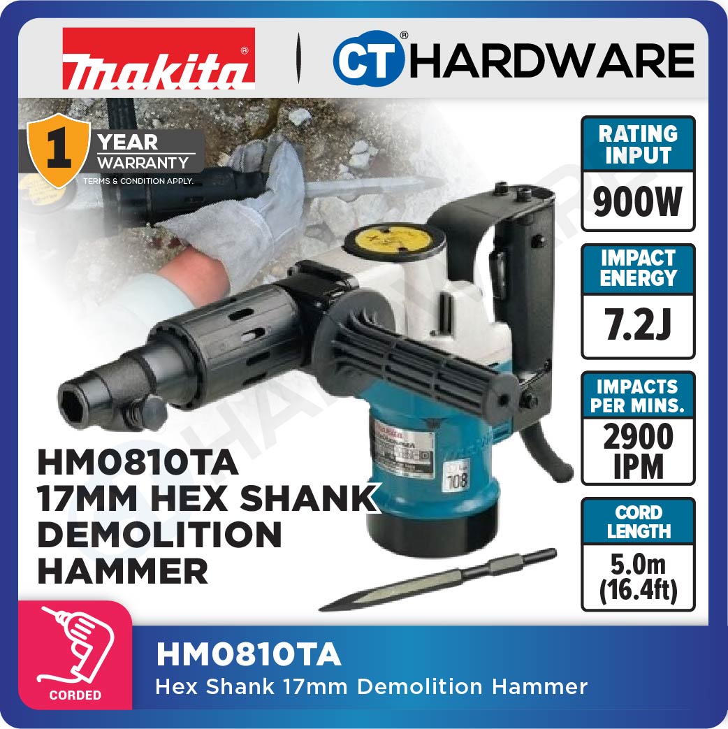 Makita HM0810TA Demolition Hammer 900W Hex Shank 17mm (11/16")