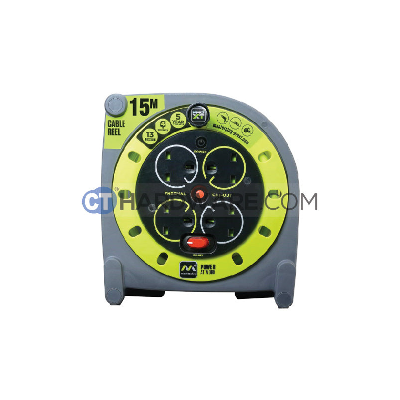 Masterplug HMU15134SLPX Green Case Reel With 15M Green Wire,4 Socket 13Amps