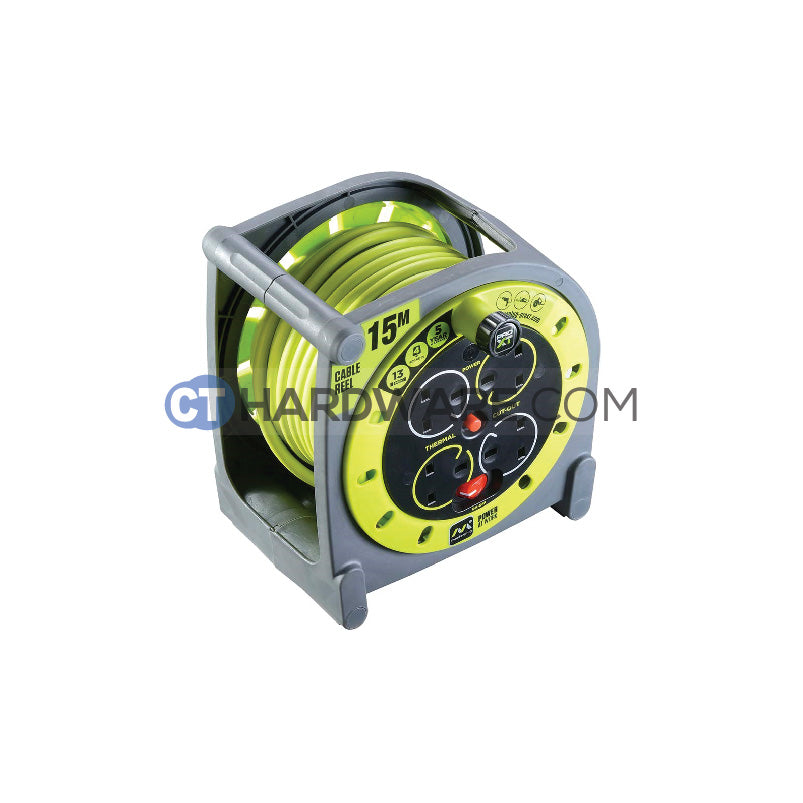Masterplug HMU15134SLPX Green Case Reel With 15M Green Wire,4 Socket 13Amps