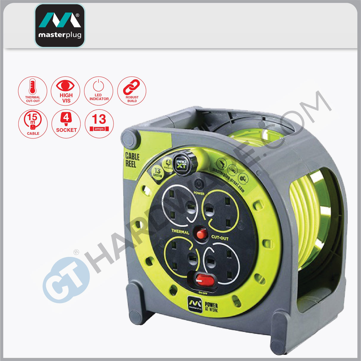 Masterplug HMU15134SLPX Green Case Reel With 15M Green Wire,4 Socket 13Amps