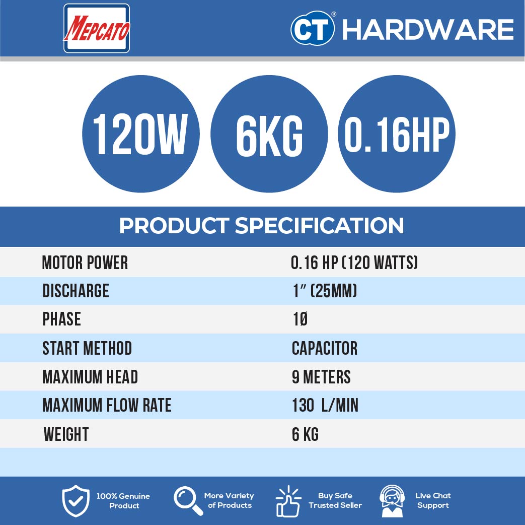 MEPCATO HOME 11 SUBMERSIBLE PUMP 120W | 130L/M | 9M HEAD | 1/2" | 3/4" | ADAPTOR THREAD 1-1/4" ( MANUAL ) [ HOME11 ]