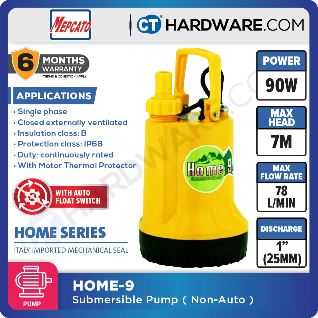 MEPCATO HOME 9 SUBMERSIBLE PUMP 90W | 78L/MIN | 7M HEAD | 1/2" | 3/4" | ADAPTOR THREAD 1-1/4" ( MANUAL )