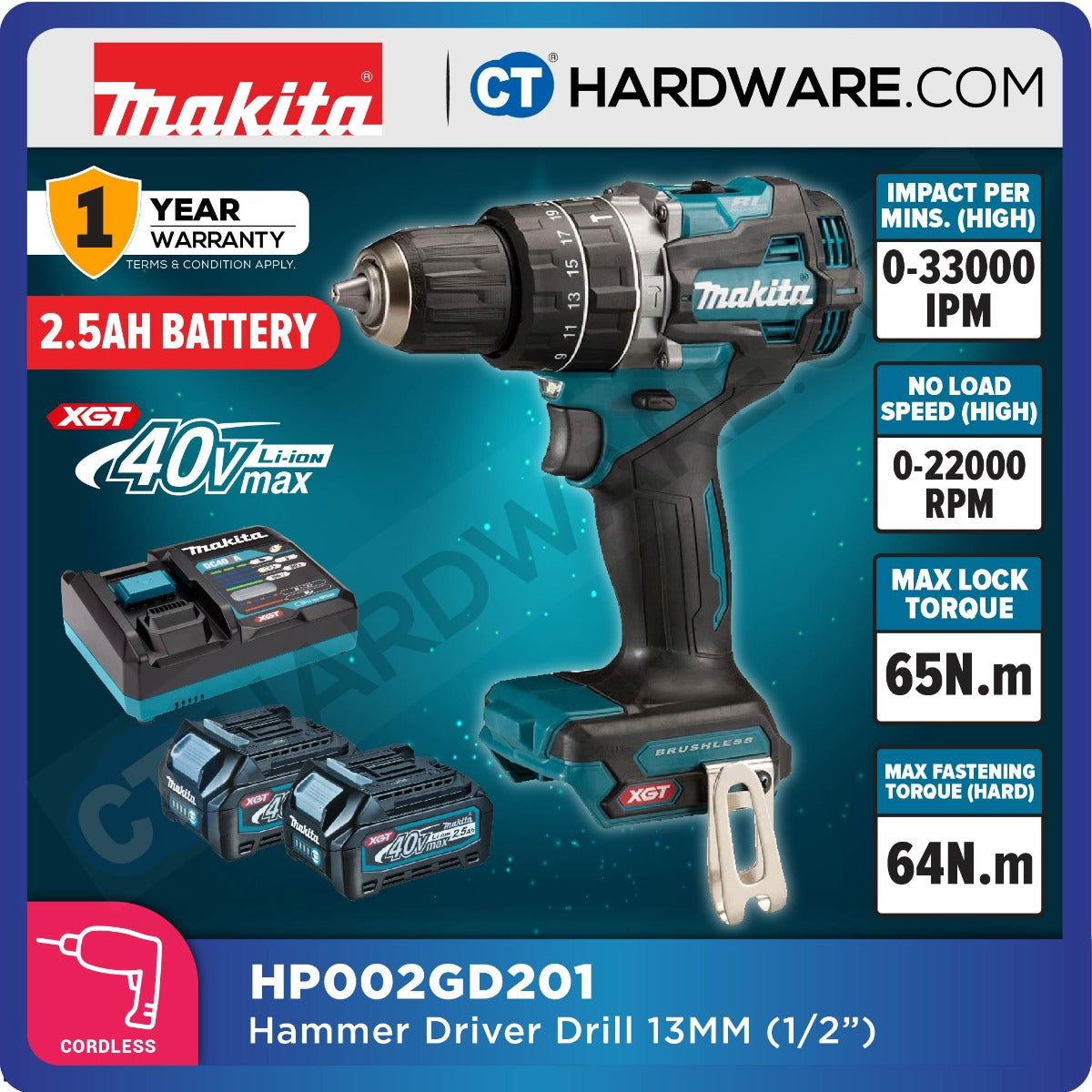 MAKITA HP002 GD201 / GA201 / GZ CORDLESS HAMMER DRIVER DRILL 40V 2.0AH 1/2"  600-2200RPM 65NM