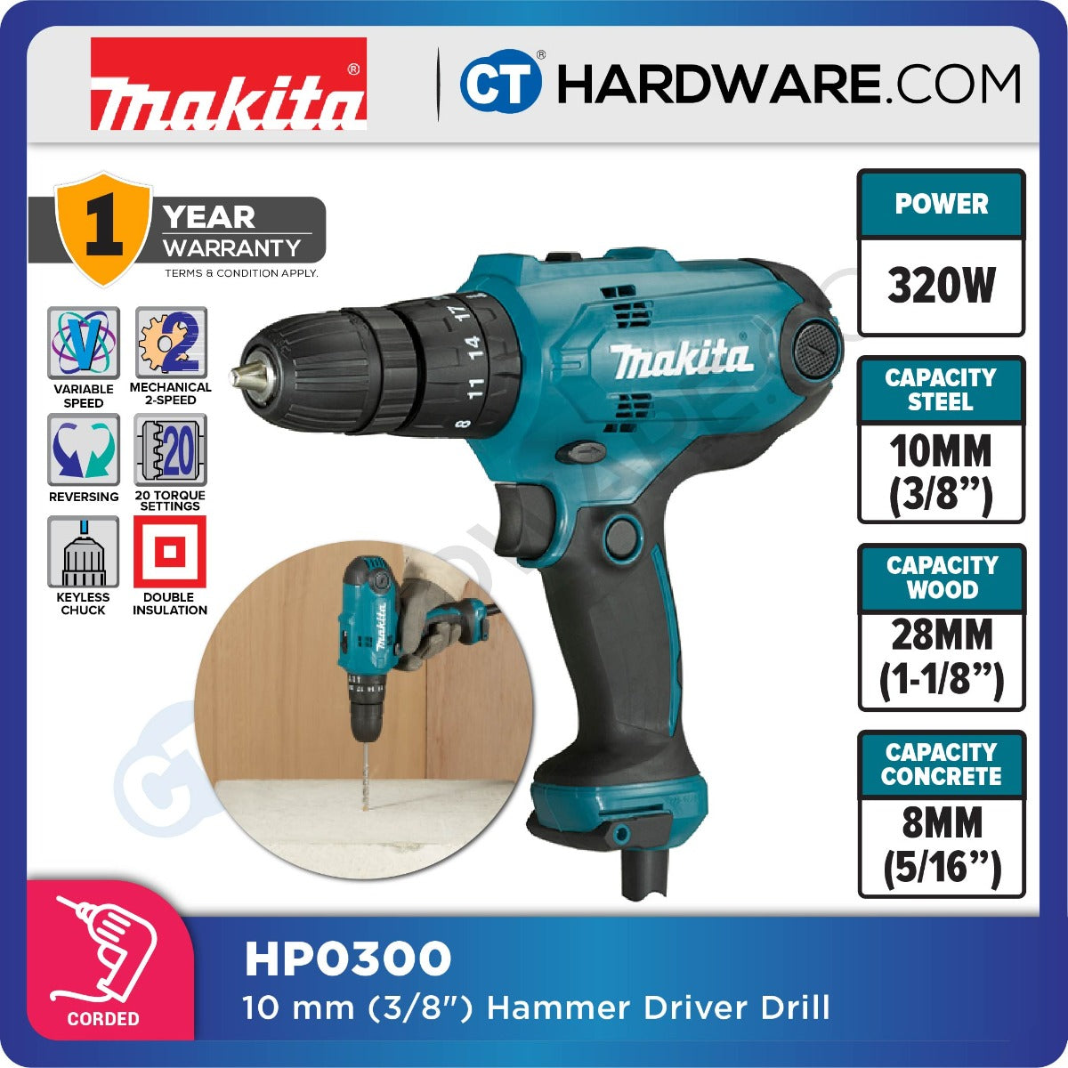 MAKITA HP0300 CORDED HAMMER DRIVER DRILL 10 mm (3/8") | 320W | 42N.m