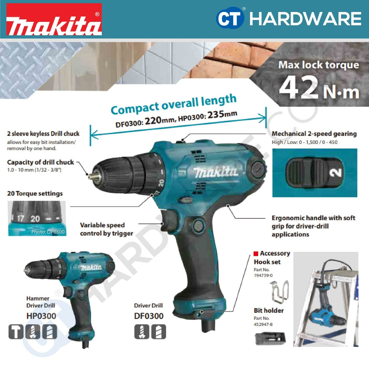 MAKITA HP0300 CORDED HAMMER DRIVER DRILL 10 mm (3/8") | 320W | 42N.m