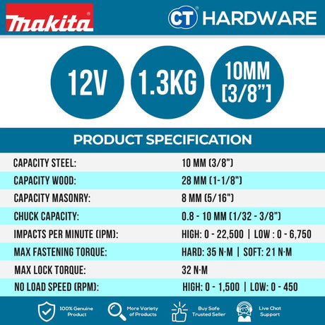 Makita HP332DSME/ DSAE/ DZ CXT 12Vmax Cordless Brushless Hammer Driver Drill 10mm 32NM (Body Only | 2-Battery)