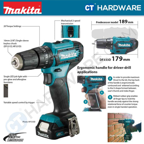 MAKITA HP333DZ | HP333DWYE | HP333DWY | HP333DWAE | HP333DSME CORDLESS HAMMER DRIVER DRILL  12V | 10MM ( 3/8" )