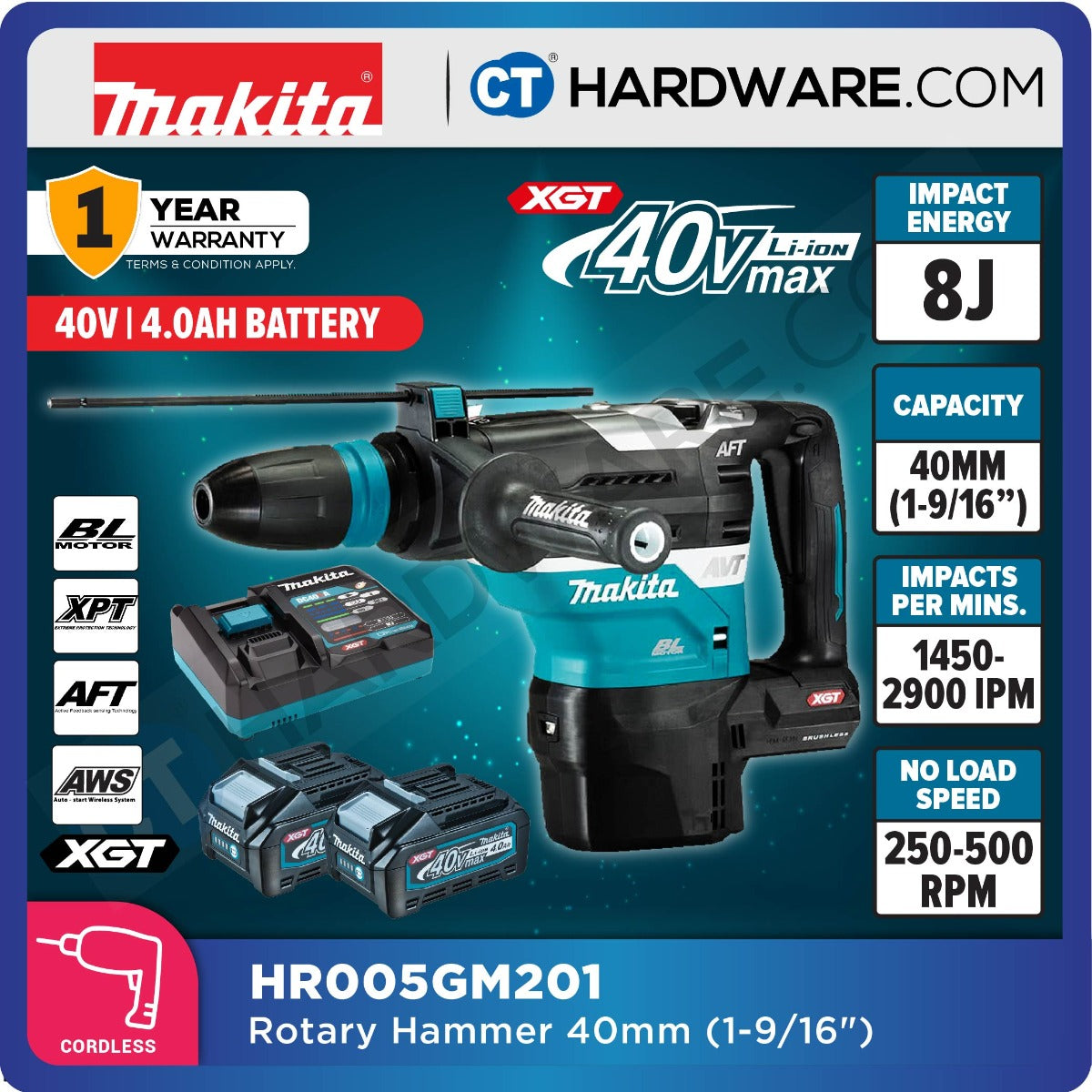 MAKITA HR005 GM201 / GZ CORDLESS ROTARY HAMMER 40V 4.0AH 40MM 8J 1450-2900IPM