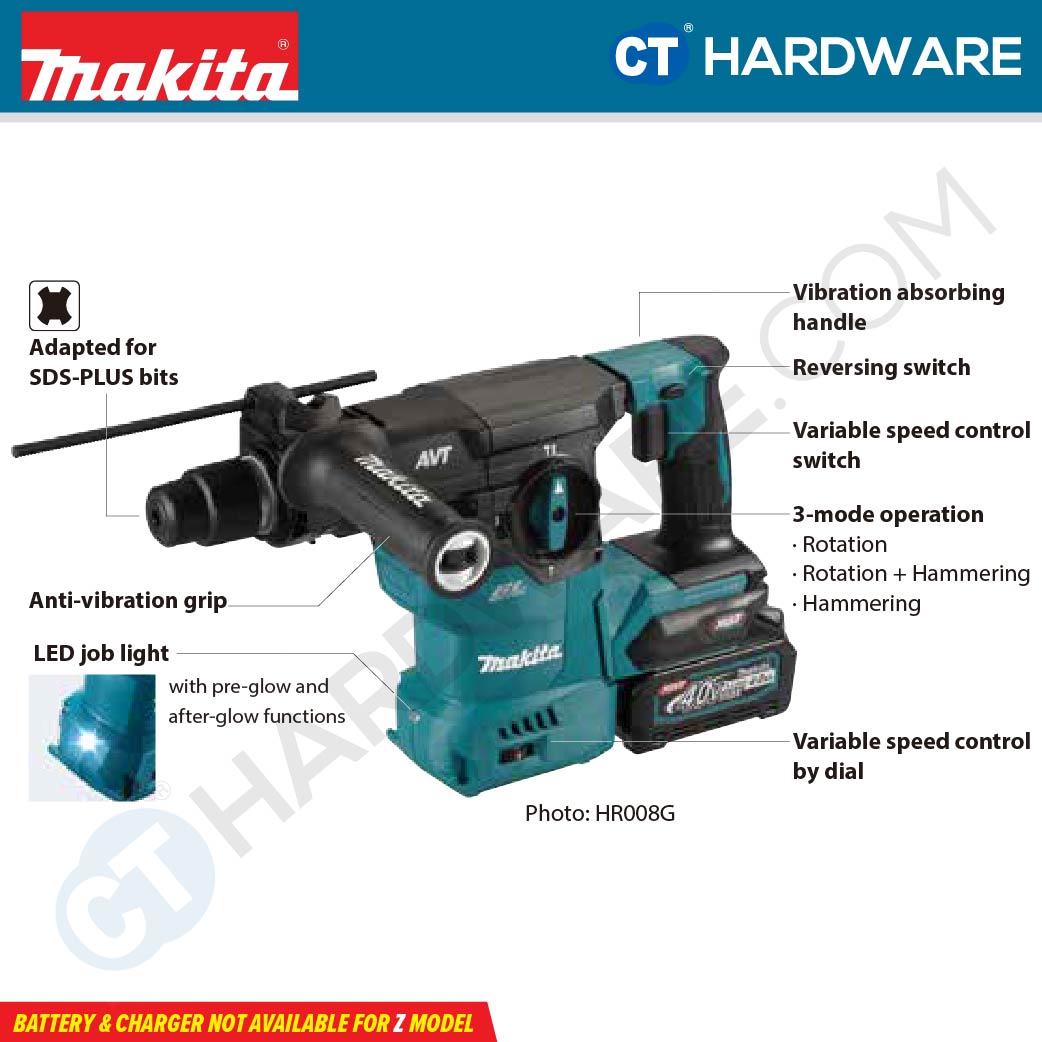 MAKITA HR008GZ | HR008GM201 CORDLESS COMBINATION HAMMER 40V | 30MM | 4500IPM | 3.9J