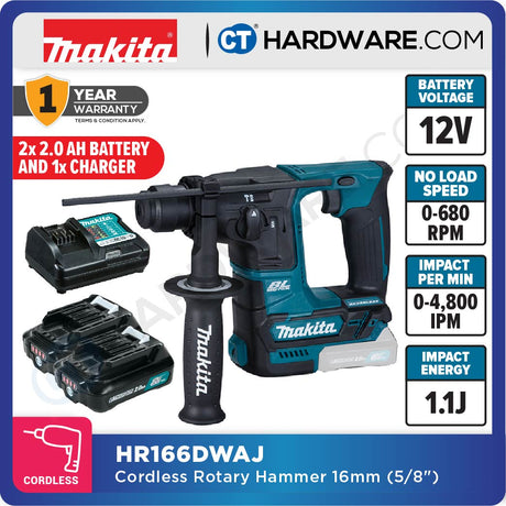 MAKITA HR166DSMJ | HR166DWAJ | HR166DZ CORDLESS ROTARY HAMMER 12V | 16mm (5/8") | 2-MODES