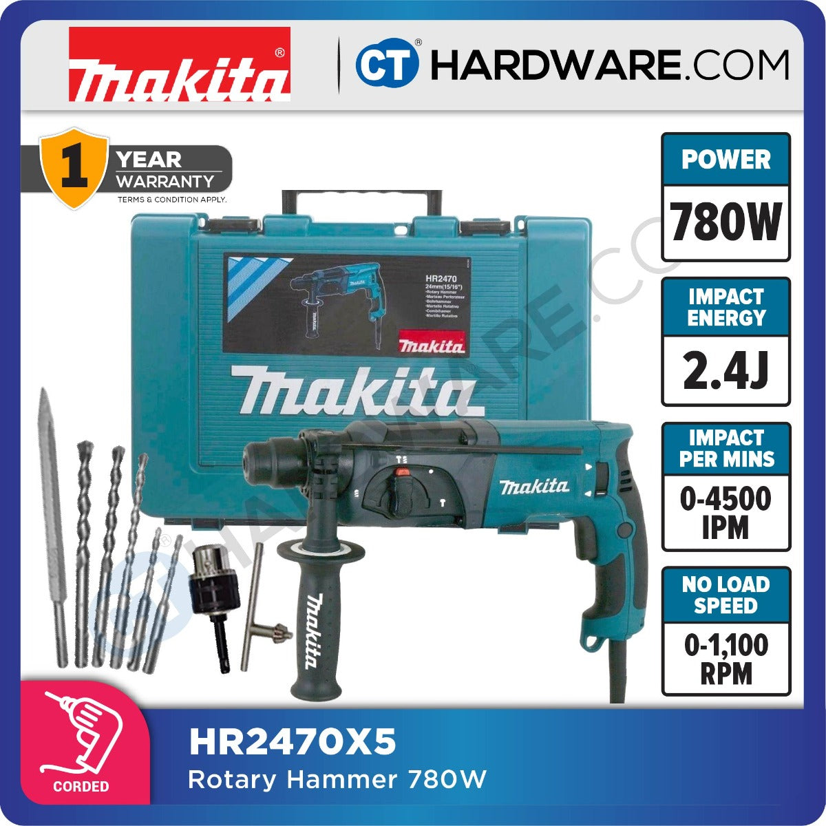 MAKITA HR2470X5 ROTARY HAMMER 24MM 780W SET ( 3 MODES )