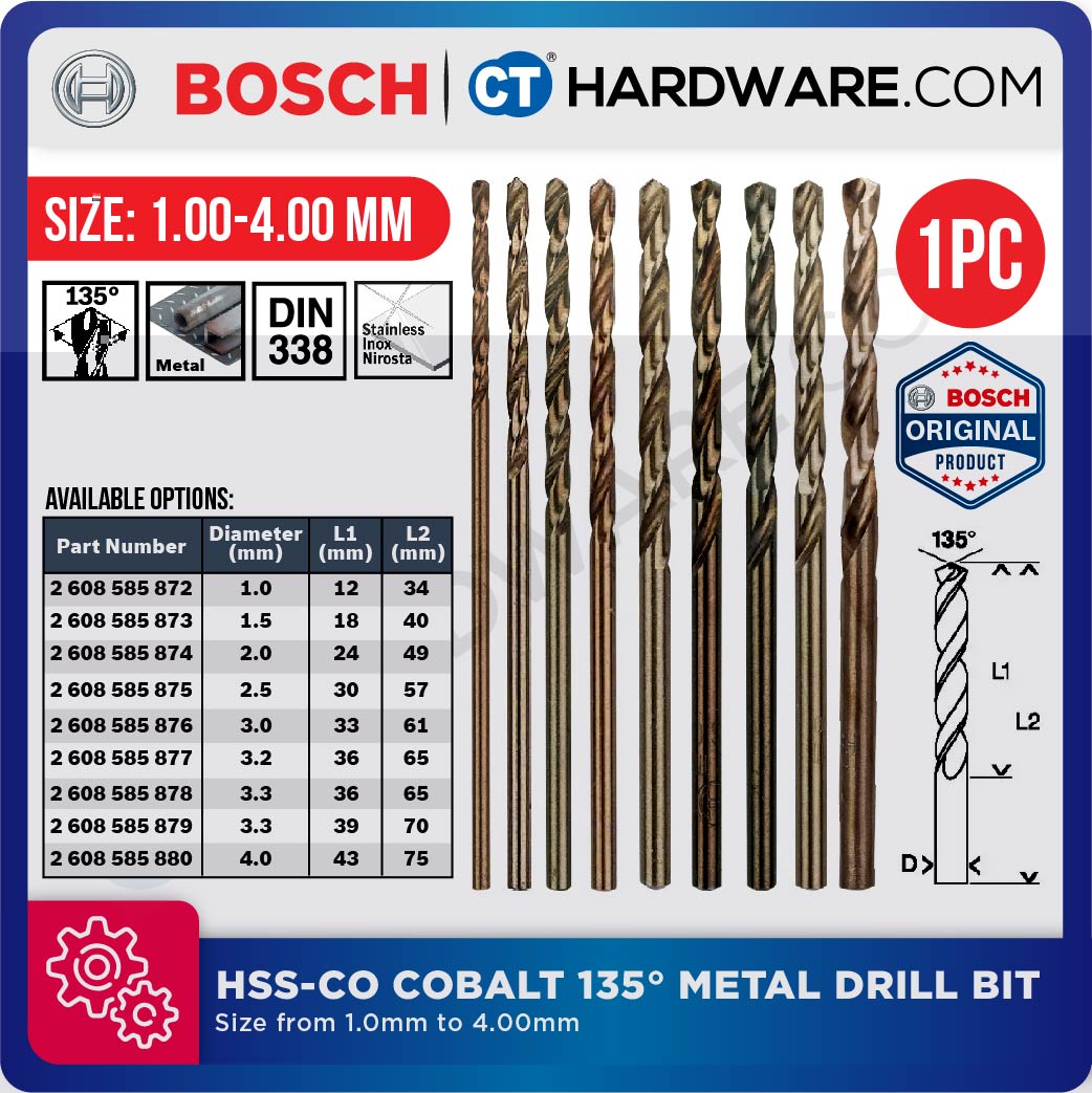 BOSCH HSS-G COBALT DRILL BIT 135° METAL DRILL BIT SIZE 1.0 MM TO 4.0 MM - 1PC