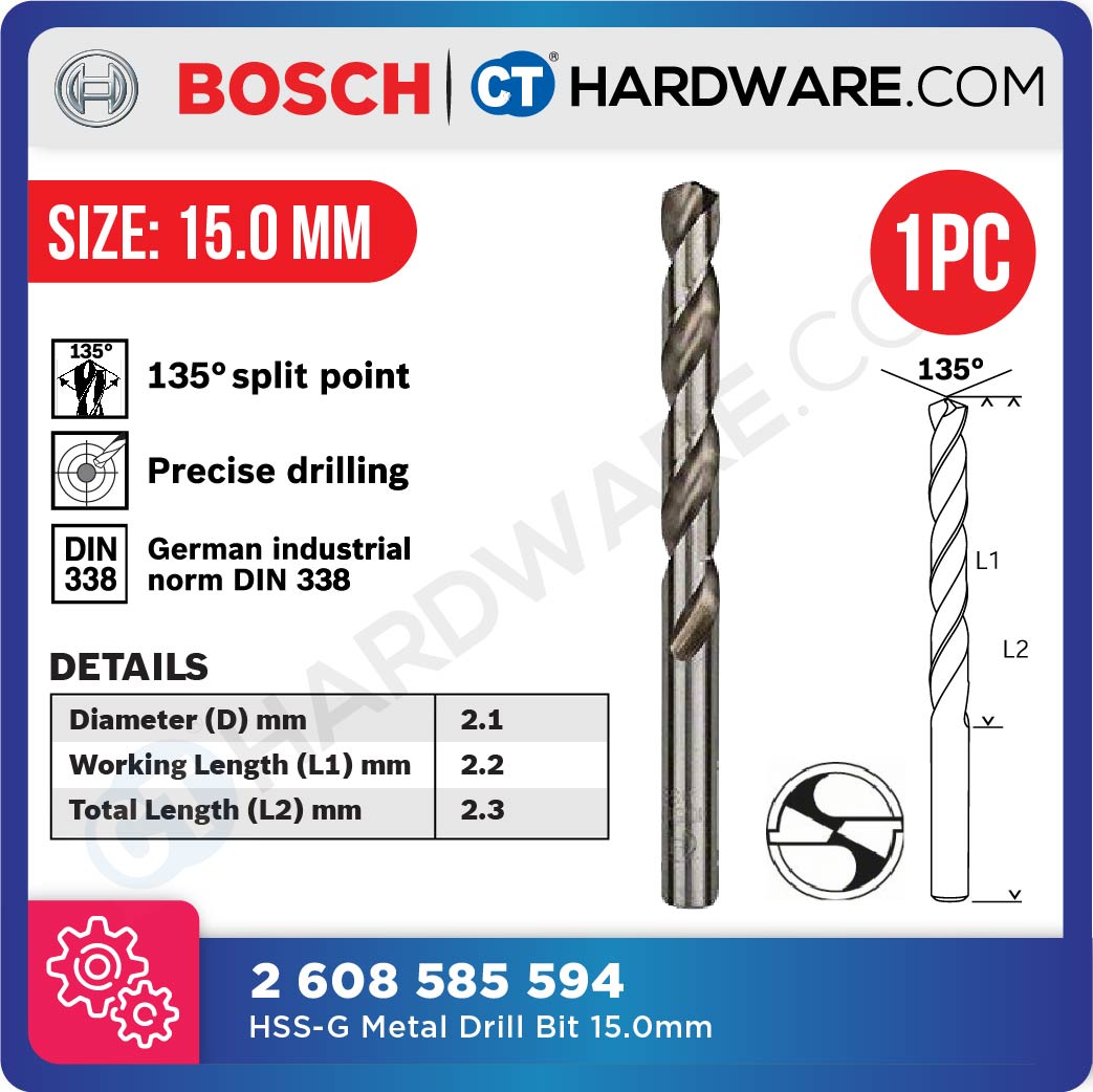 BOSCH 2 608 585 594 ORIGINAL HSS-G METAL DRILL BIT SIZE 15.0MM [ 1PC ] [ 2608585594 ]