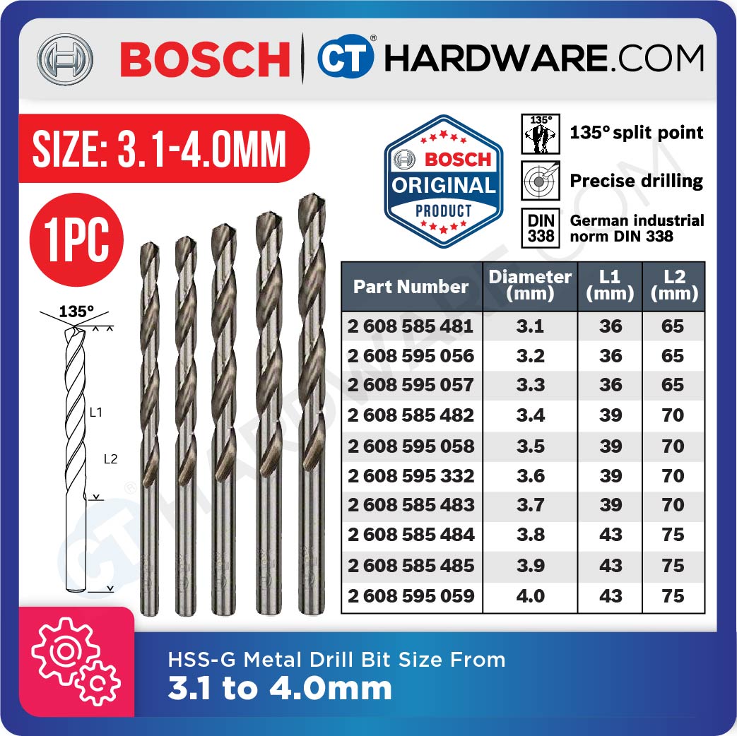 BOSCH ORIGINAL HSS-G METAL DRILL BIT SIZE 3.1MM - 4.0MM [ 1PC ]