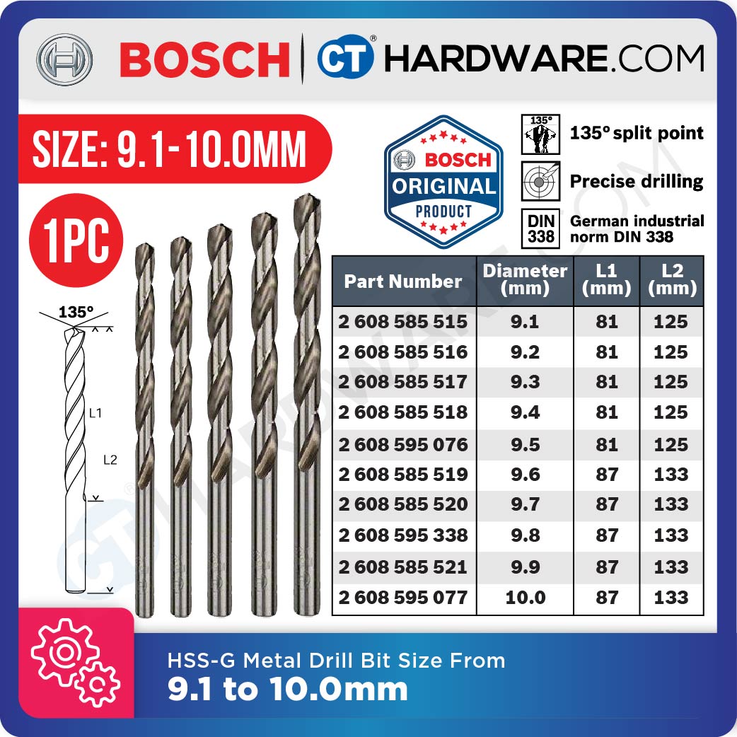 BOSCH ORIGINAL HSS-G METAL DRILL BIT SIZE 9.1MM - 10.0MM [ 1PC ]