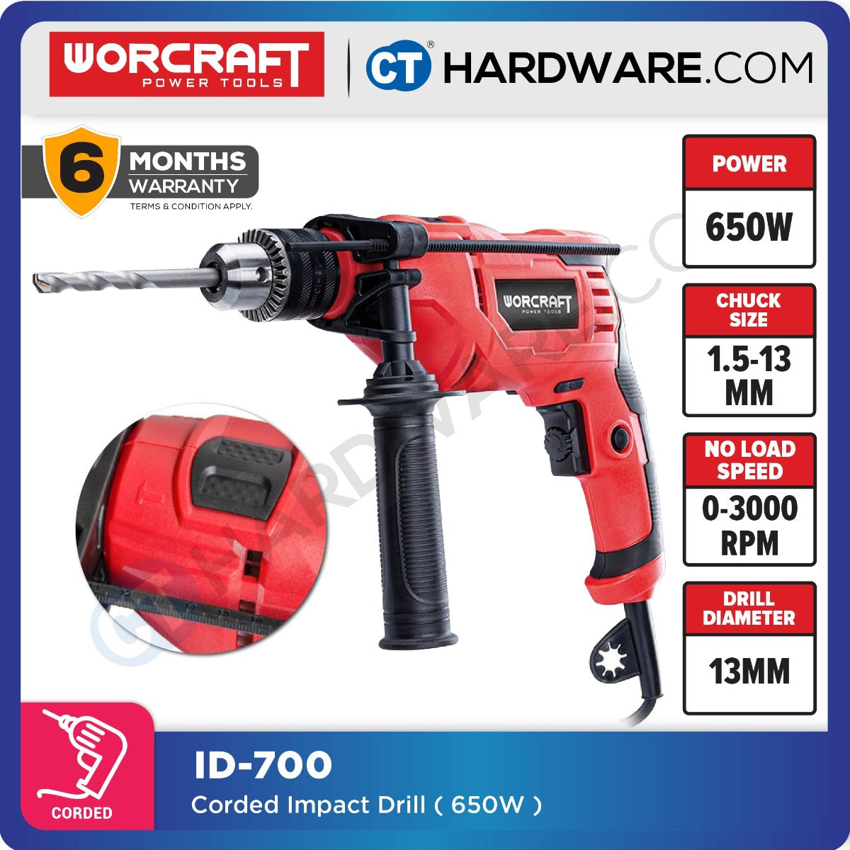 WORCRAFT ID-700 CORDED IMPACT DRILL 13MM 650W 3000RPM [ ID700 ]