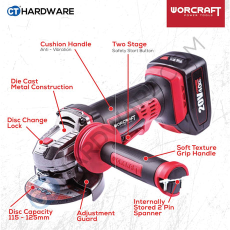 WORCRAFT CAG-S20Li-100MM CORDLESS ANGLE GRINDER 20V | 10000RPM | 100MM | M10 [ CAGS20LI100MM ] [ ONE FOR ALL ]