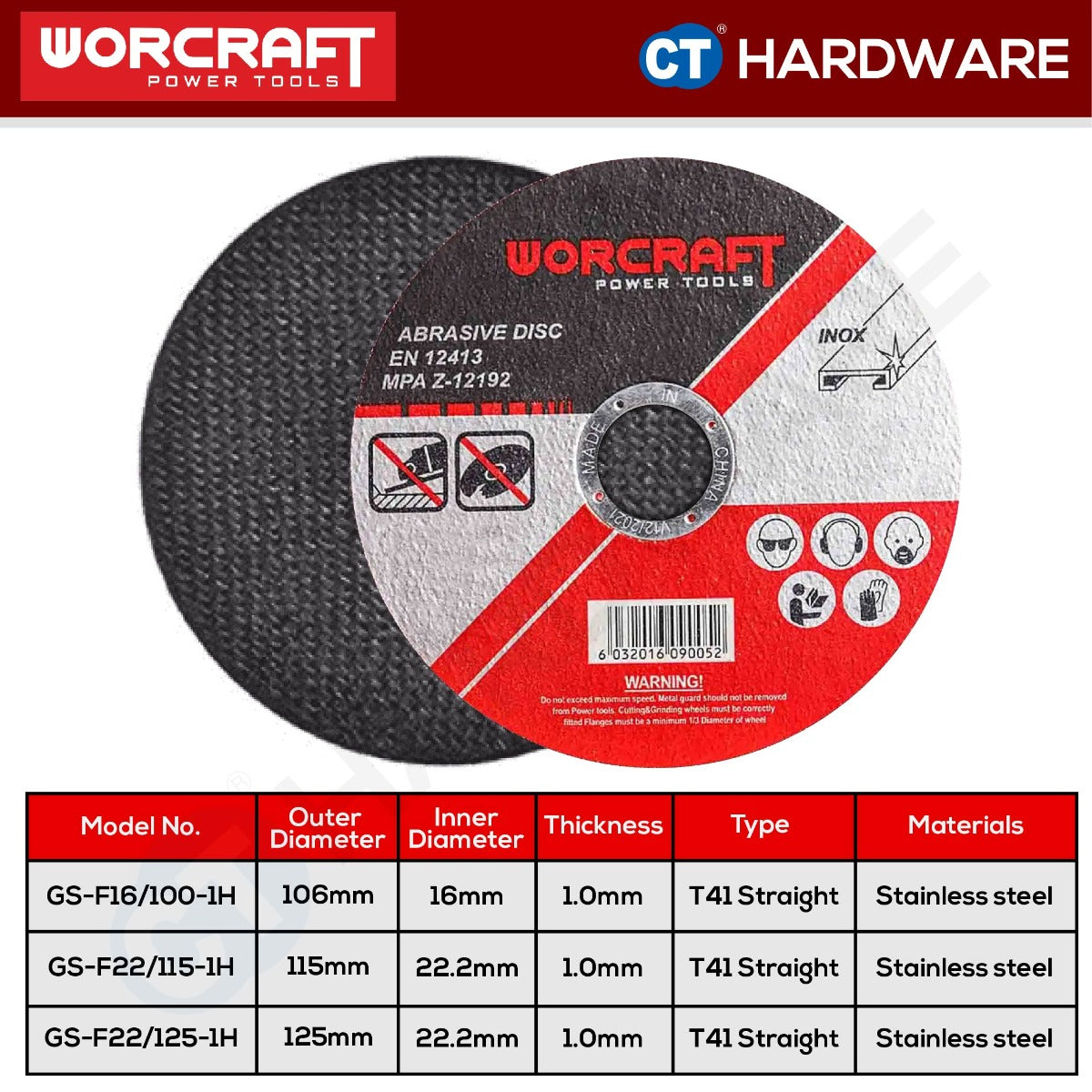 WORCRAFT GS-F16/100-1H CUTTING DISC SIZE 4" | 105MM X 1.0MM X 16MM SUITABLE FOR STAINLESS STEEL - 1PC [ GSF161001H ]
