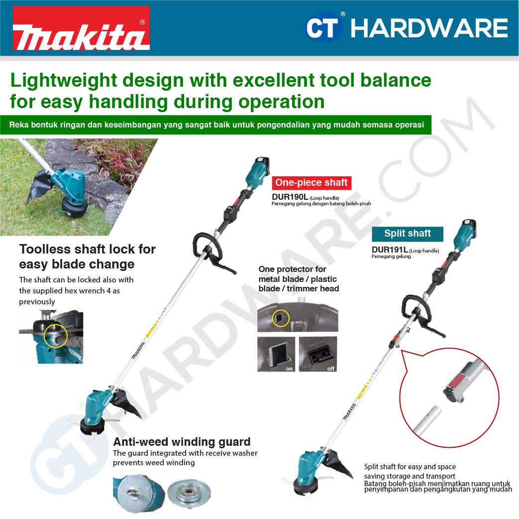 MAKITA DUR191LRT2/ LZX2 CORDLESS GLASS TRIMMER 18V 5.0AH 240W 3500-6000RPM WITH 2 BATTERY & 1 RAPID CHARGER