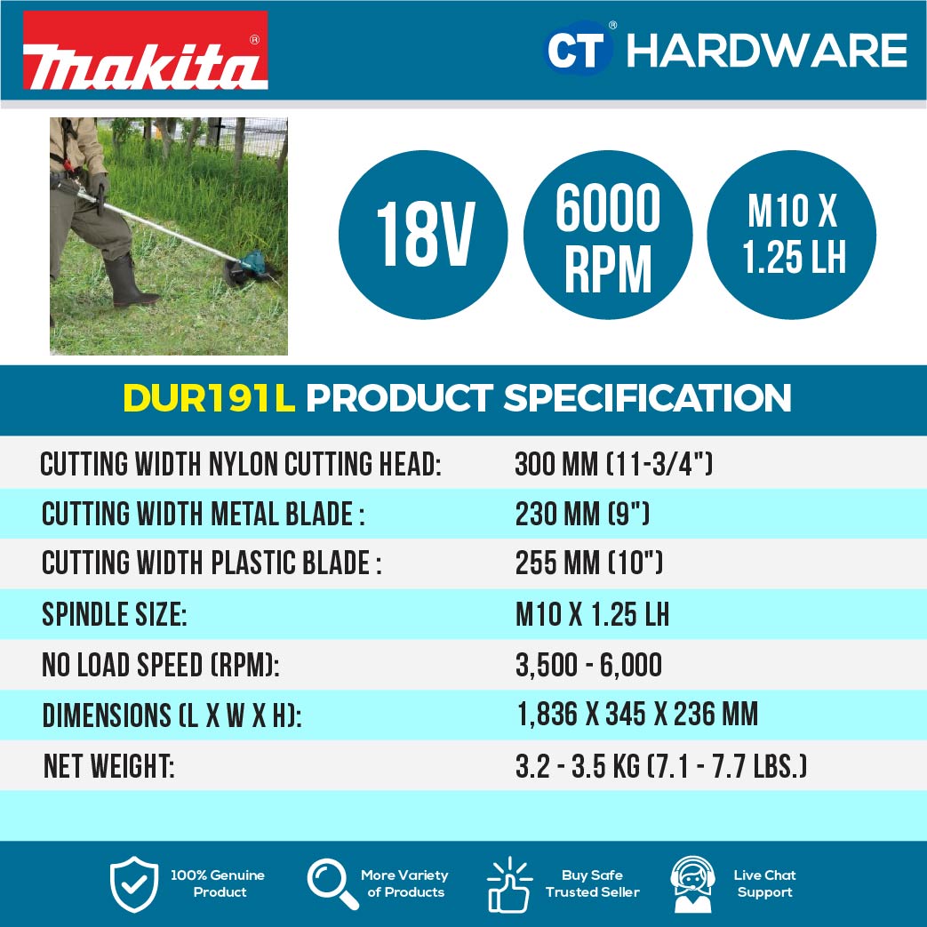 MAKITA DUR191LRT2/ LZX2 CORDLESS GLASS TRIMMER 18V 5.0AH 240W 3500-6000RPM WITH 2 BATTERY & 1 RAPID CHARGER
