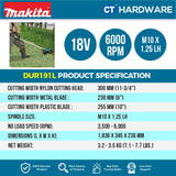 MAKITA DUR191LRT2/ LZX2 CORDLESS GLASS TRIMMER 18V 5.0AH 240W 3500-6000RPM WITH 2 BATTERY & 1 RAPID CHARGER