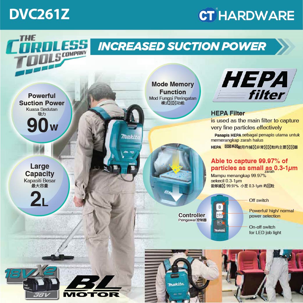 MAKITA DVC261Z CORDLESS BACKPACK VACUUM CLEANER  18Vx2  2L 11KPA NO BATT & CHARG ( BRUSHLESS MOTOR )