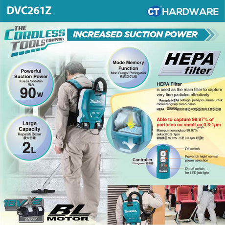 MAKITA DVC261Z CORDLESS BACKPACK VACUUM CLEANER  18Vx2  2L 11KPA NO BATT & CHARG ( BRUSHLESS MOTOR )