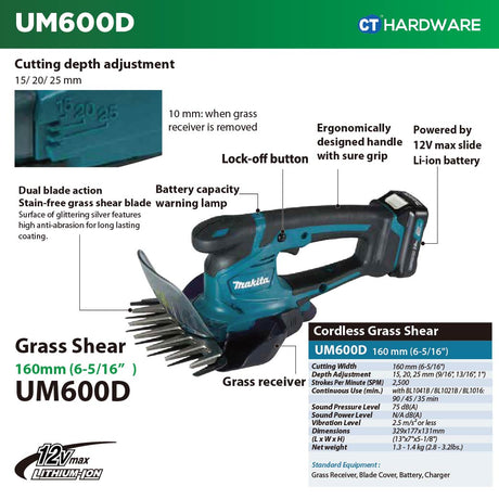 Makita UM600DWA CXT 12Vmax Cordless Grass Shear 160mm Incl. 1x 2.0Ah Battery, 1x Charger