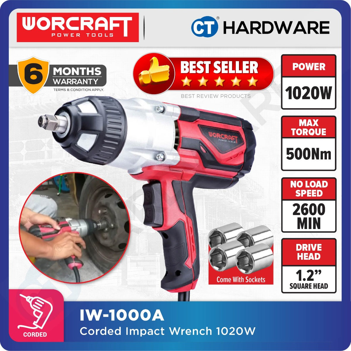 WORCRAFT IW1000A CORDED IMPACT WRENCH 1020W | 500Nm | 2600RPM | 2700BPM | 1/2" SQUARE HEAD