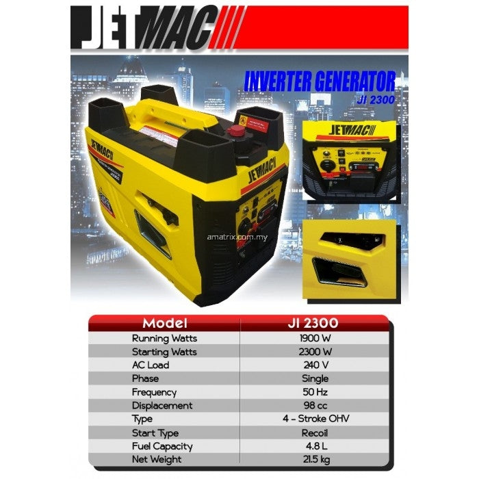 JETMAC JI2300  INVERTER GENERATOR 2300W 1PH  4 STROKE  ENGINE 4.8L TANK